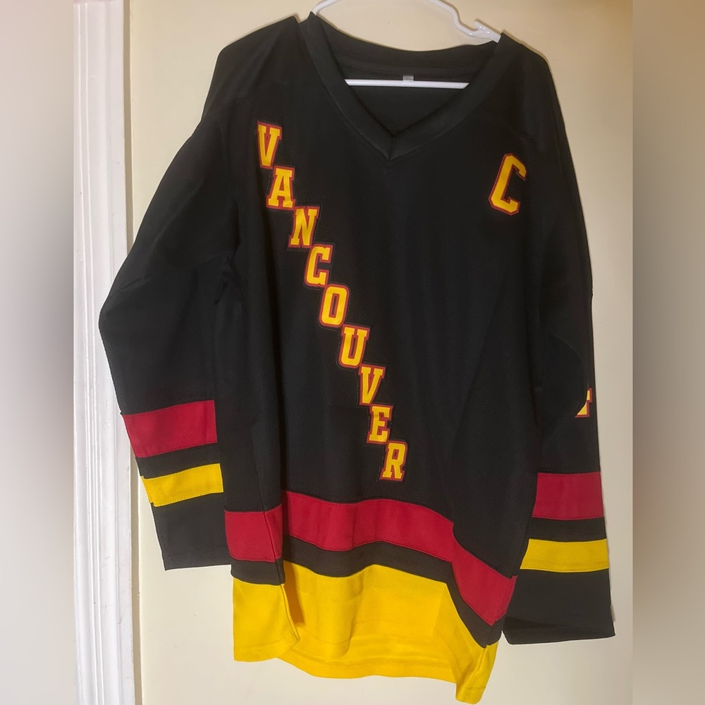 Vancouver embroidered  Hughes hockey jersey with fight strap